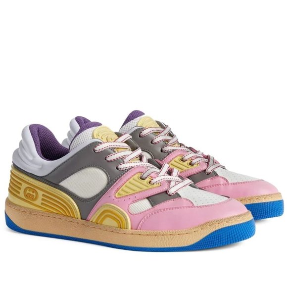 NEW GUCCI Basket Panelled Low-Top Sneaker in Pastel Pink Yellow White Demetra 40 - Picture 2 of 14